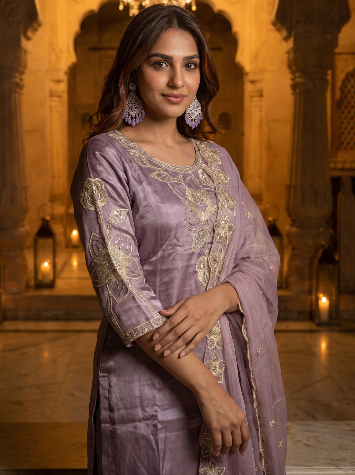 Purple Embroidered Roman Glass Silk Suit Set with Dupatta