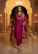 Maroon Embroidered Roman Silk Suit Set with Banarasi Dupatta