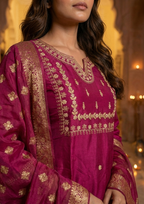 Maroon Embroidered Roman Silk Suit Set with Banarasi Dupatta