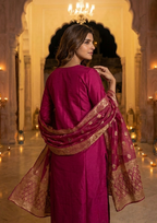 Maroon Embroidered Roman Silk Suit Set with Banarasi Dupatta