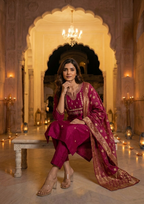 Maroon Embroidered Roman Silk Suit Set with Banarasi Dupatta