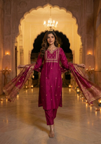Maroon Embroidered Roman Silk Suit Set with Banarasi Dupatta