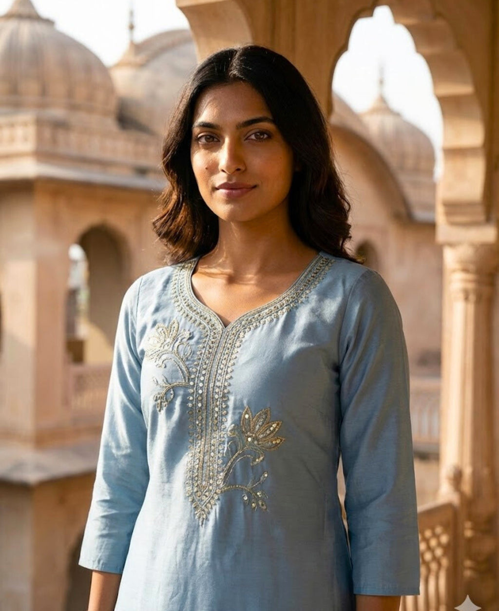 Cloudy Blue Embroidered Roman Silk Kurta and Pant Set with Dupatta