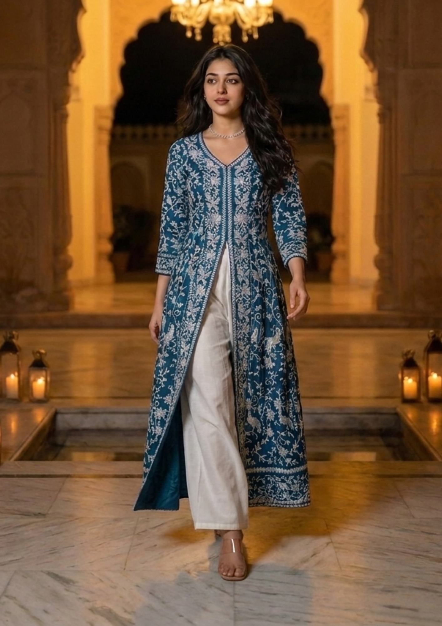Greenish Blue Heavy Embroidered Magic Cotton Shrug with Palazzo Set