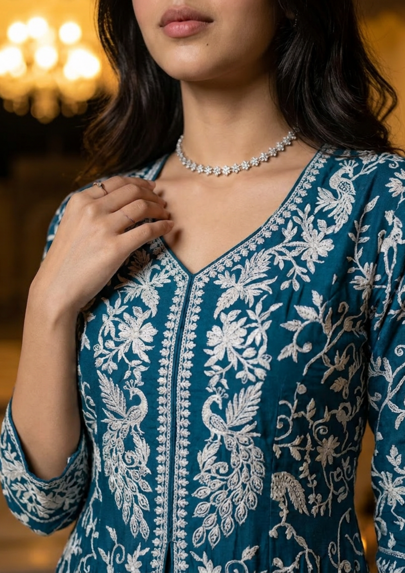 Greenish Blue Heavy Embroidered Magic Cotton Shrug with Palazzo Set
