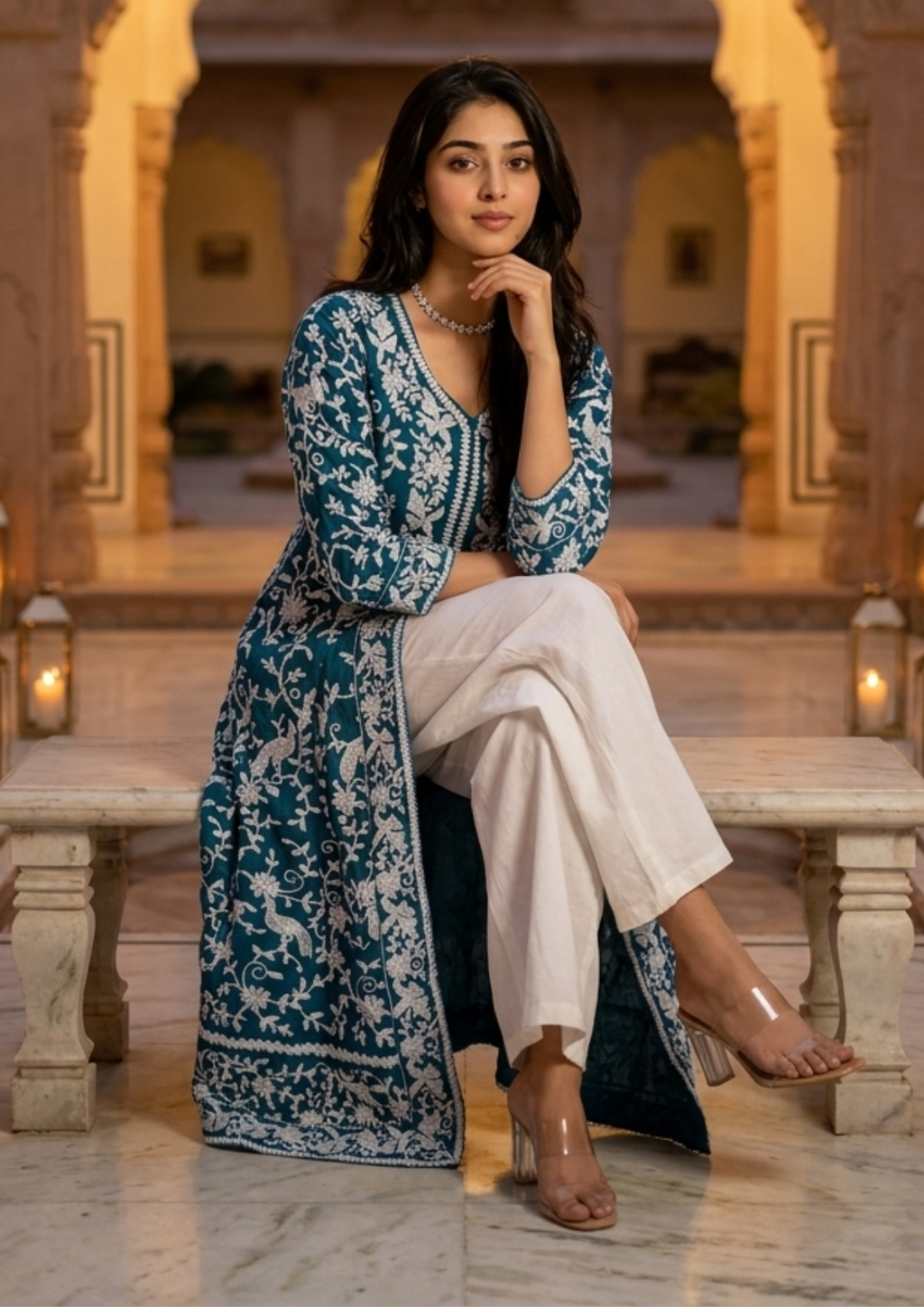 Greenish Blue Heavy Embroidered Magic Cotton Shrug with Palazzo Set