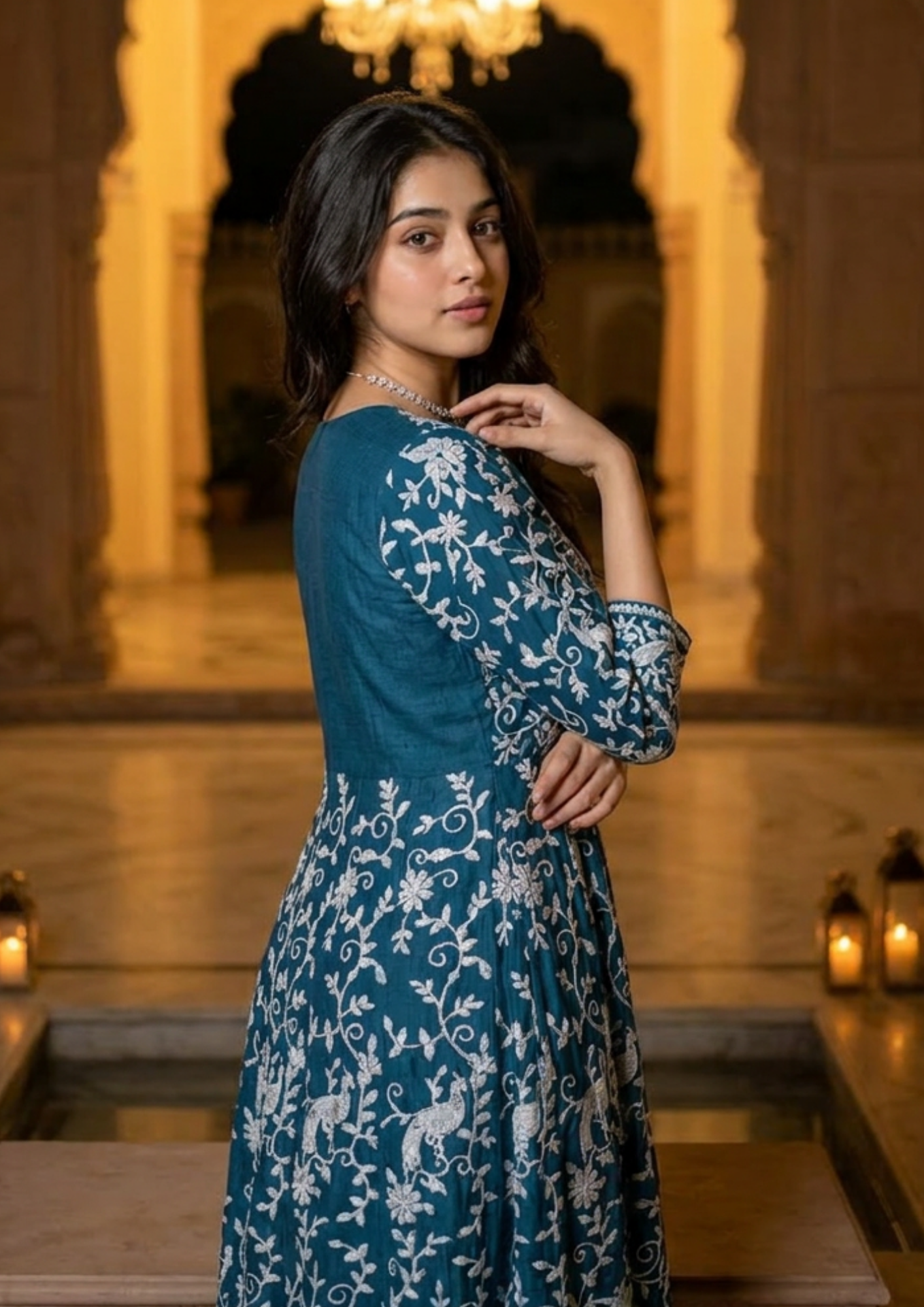 Greenish Blue Heavy Embroidered Magic Cotton Shrug with Palazzo Set