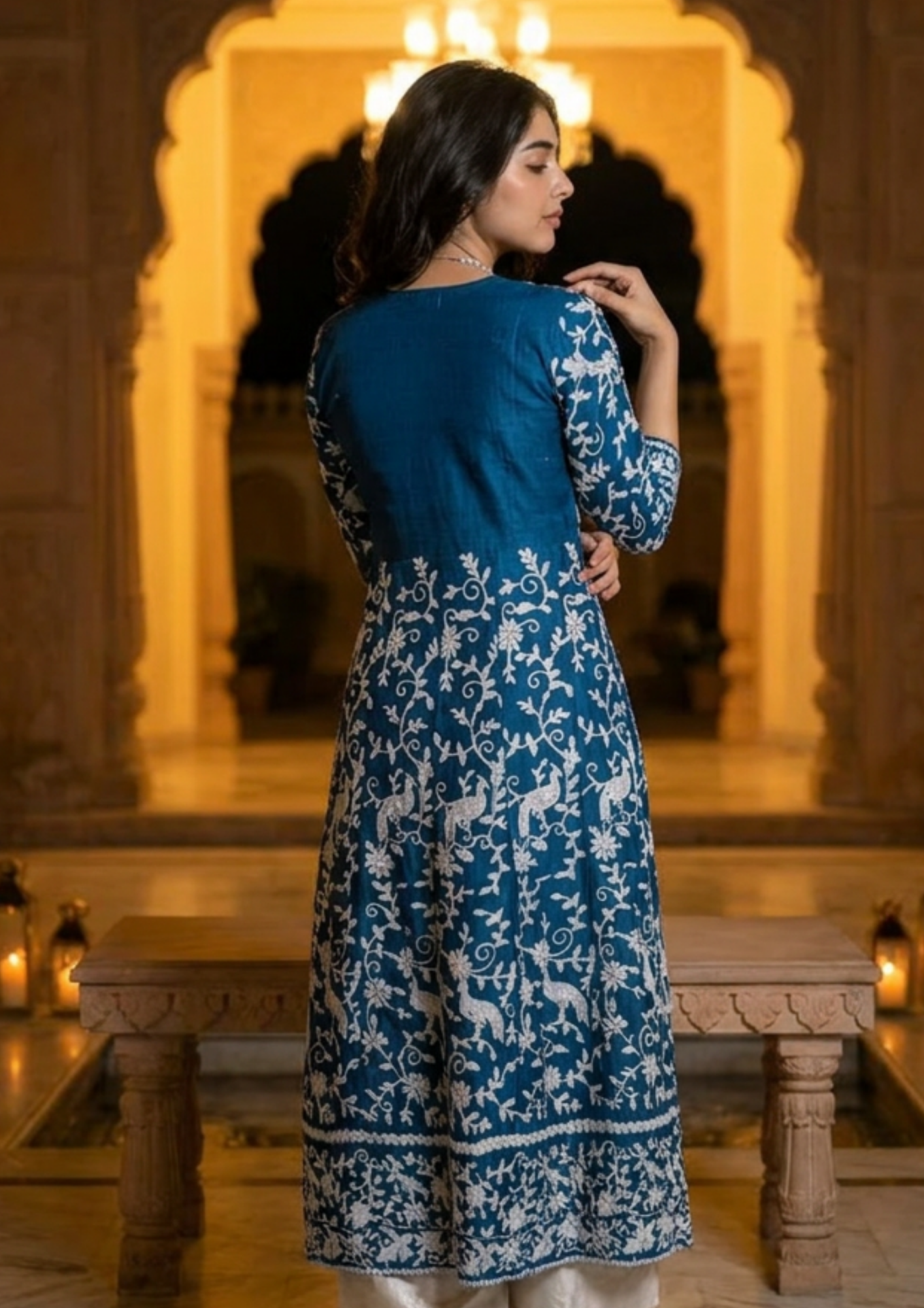 Greenish Blue Heavy Embroidered Magic Cotton Shrug with Palazzo Set
