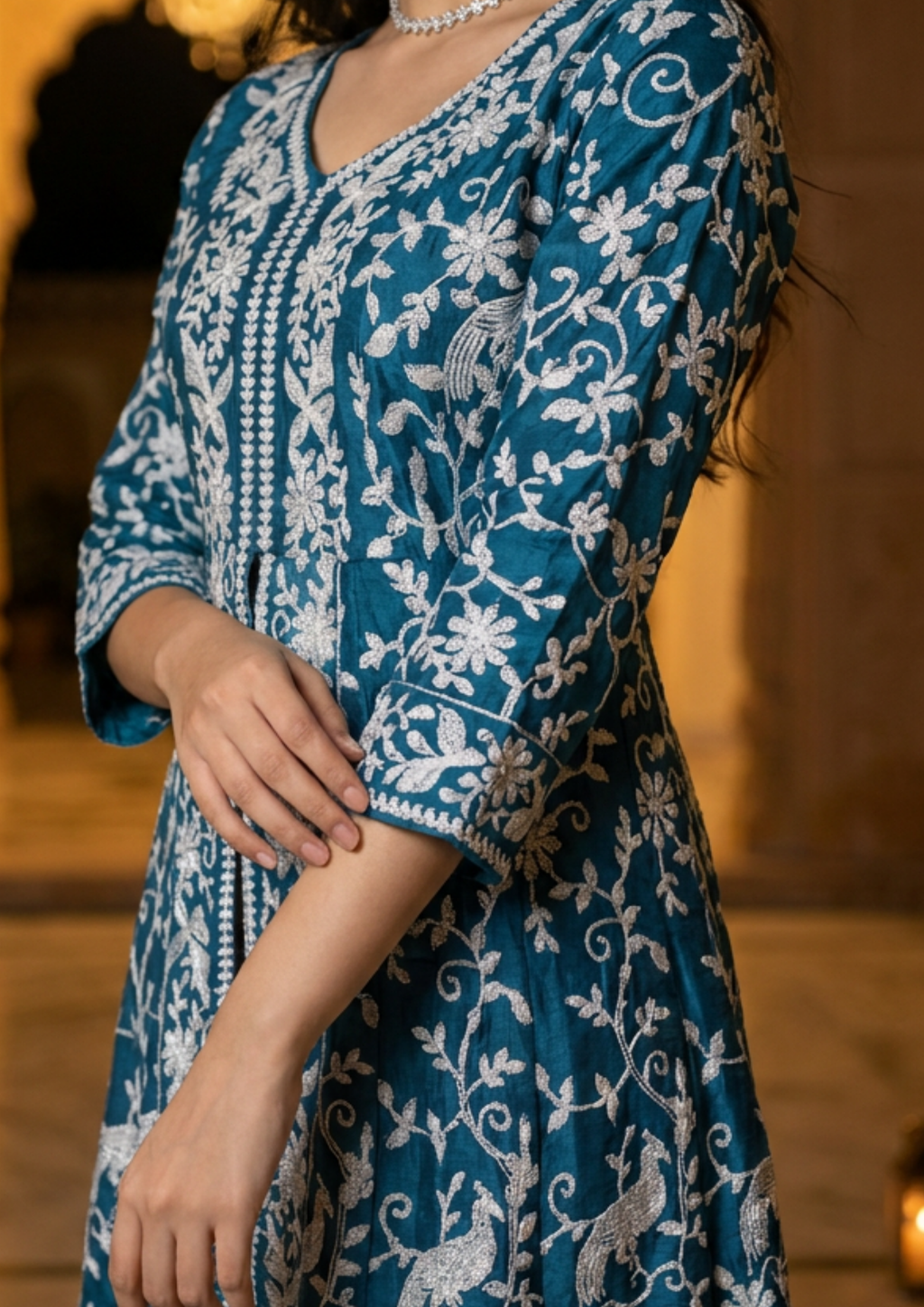 Greenish Blue Heavy Embroidered Magic Cotton Shrug with Palazzo Set