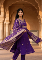 Purple Embroidered Roman Silk Suit Set with Banarasi Dupatta
