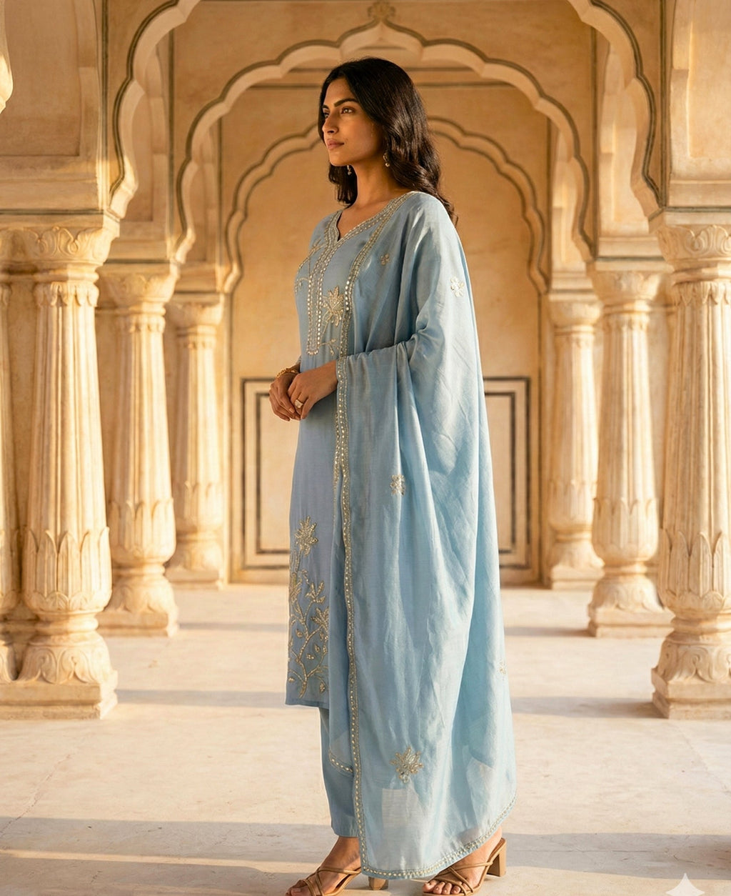 Cloudy Blue Embroidered Roman Silk Kurta and Pant Set with Dupatta
