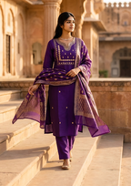 Purple Embroidered Roman Silk Suit Set with Banarasi Dupatta