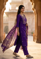 Purple Embroidered Roman Silk Suit Set with Banarasi Dupatta
