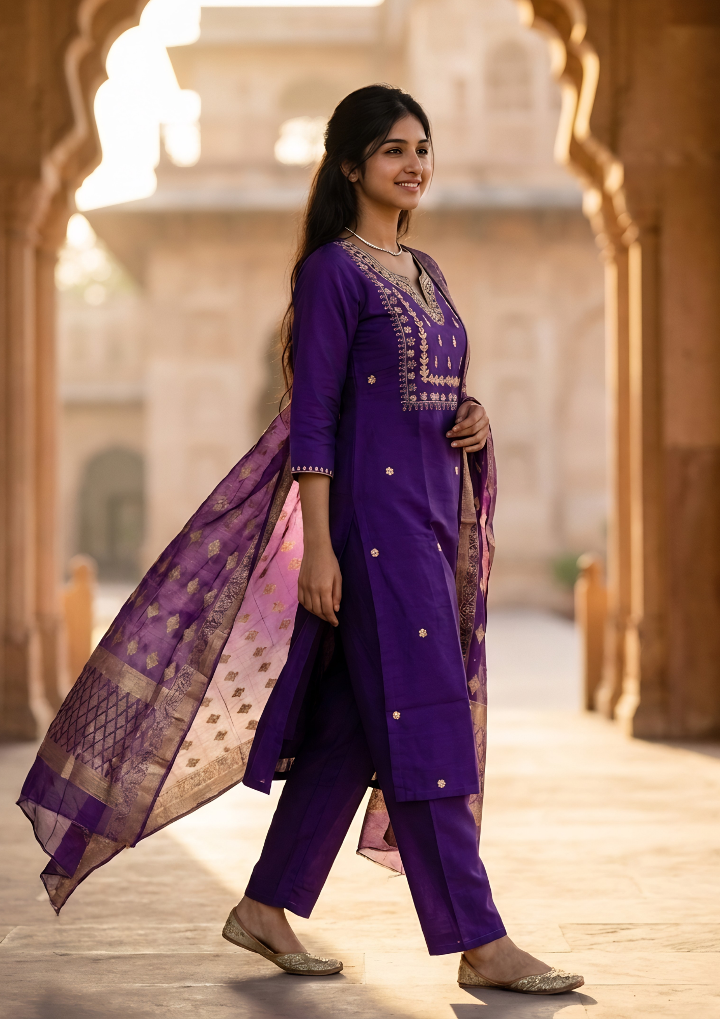 Purple Embroidered Roman Silk Suit Set with Banarasi Dupatta