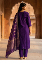 Purple Embroidered Roman Silk Suit Set with Banarasi Dupatta