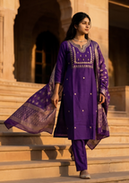 Purple Embroidered Roman Silk Suit Set with Banarasi Dupatta