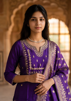 Purple Embroidered Roman Silk Suit Set with Banarasi Dupatta