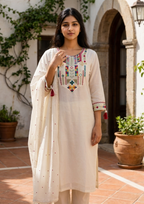 White Embroidered Chanderi Silk Suit Set with Dupatta