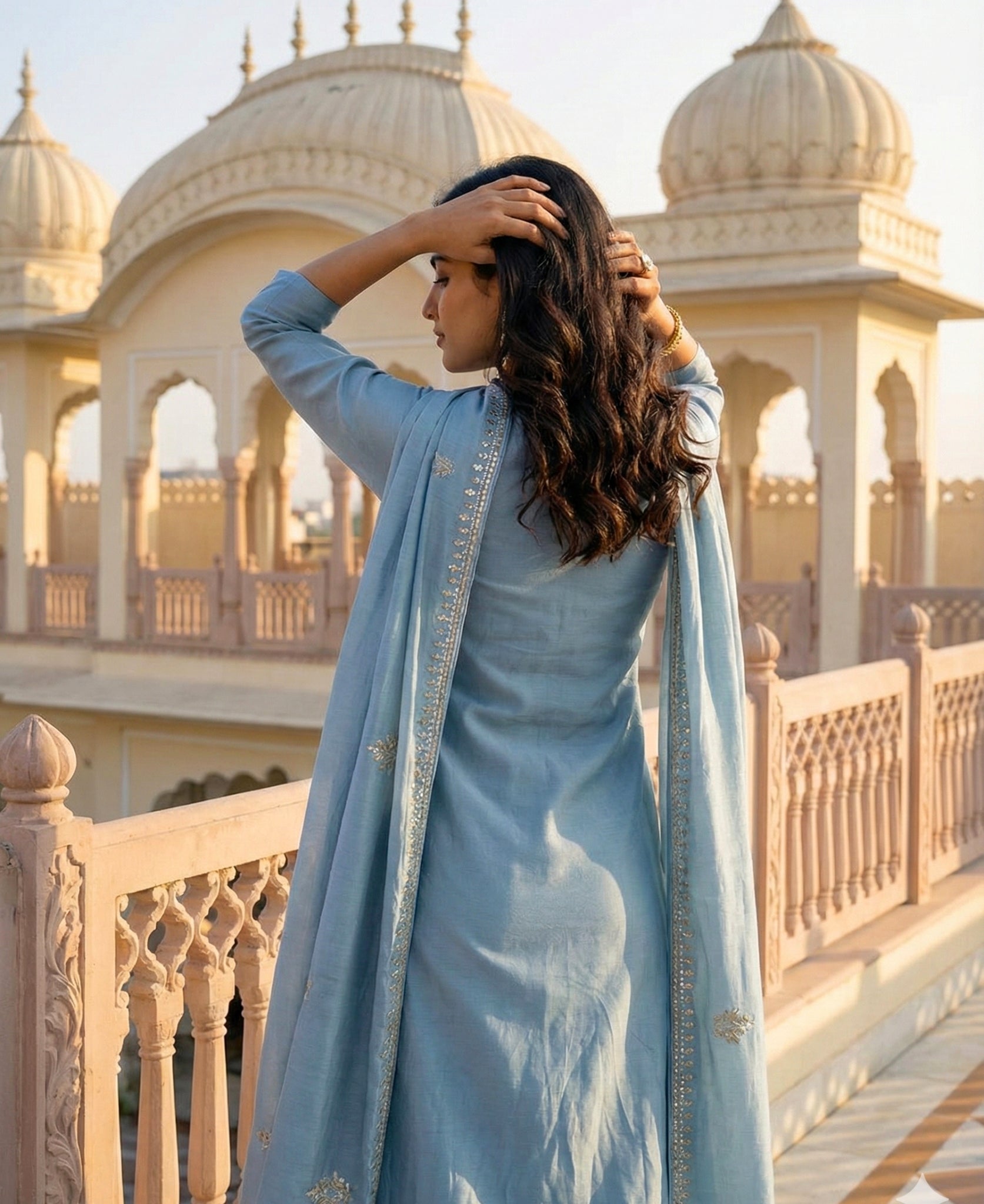 Cloudy Blue Embroidered Roman Silk Kurta and Pant Set with Dupatta