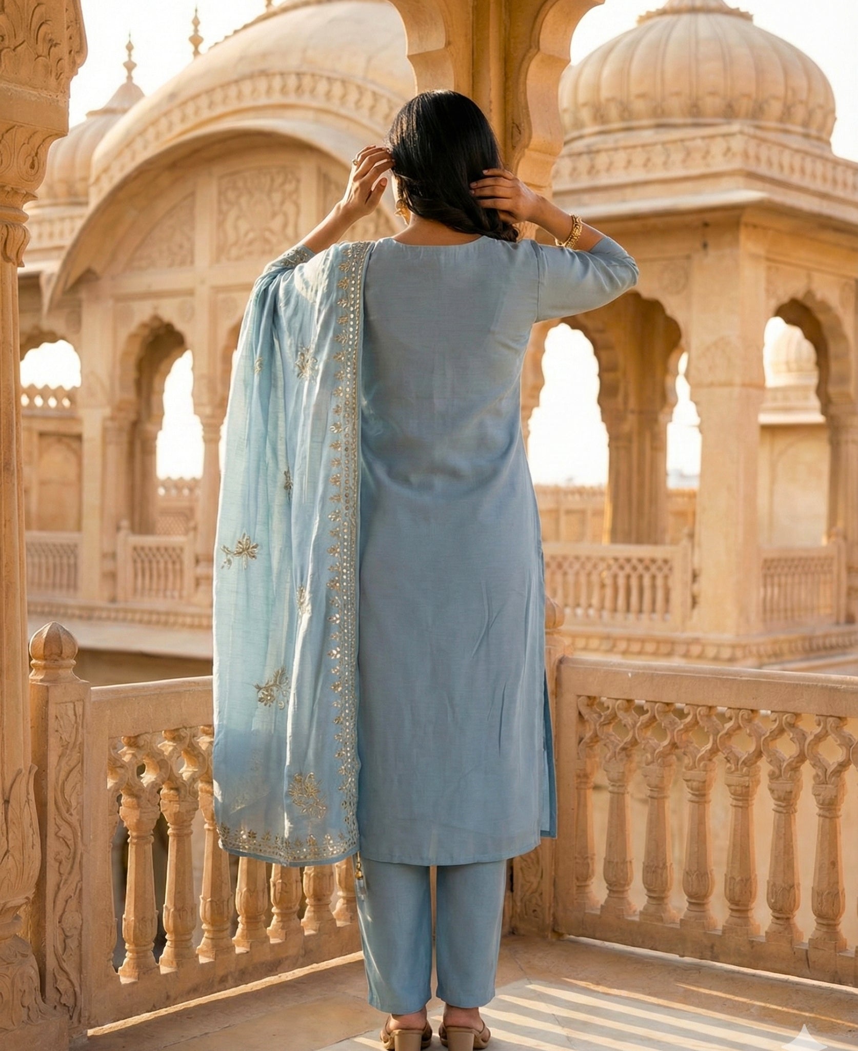 Cloudy Blue Embroidered Roman Silk Kurta and Pant Set with Dupatta