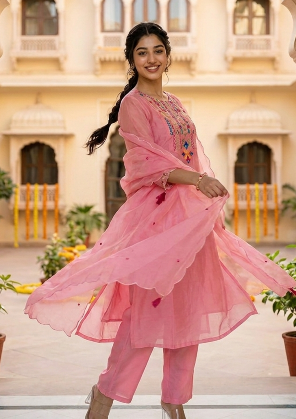 Pink Embroidered Chanderi Silk Suit Set