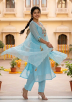 Sky Blue Embroidered Chanderi Silk Suit Set with Dupatta