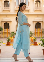 Sky Blue Embroidered Chanderi Silk Suit Set with Dupatta
