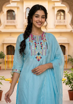 Sky Blue Embroidered Chanderi Silk Suit Set with Dupatta