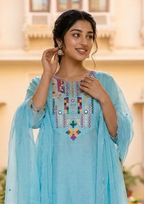 Sky Blue Embroidered Chanderi Silk Suit Set with Dupatta