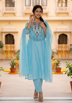 Sky Blue Embroidered Chanderi Silk Suit Set with Dupatta