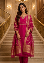 Pink Embroidered Roman Silk Suit Set with Banarasi Dupatta