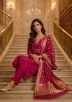 Pink Embroidered Roman Silk Suit Set with Banarasi Dupatta