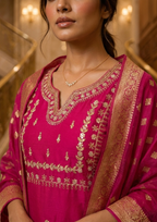 Pink Embroidered Roman Silk Suit Set with Banarasi Dupatta
