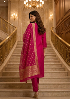 Pink Embroidered Roman Silk Suit Set with Banarasi Dupatta