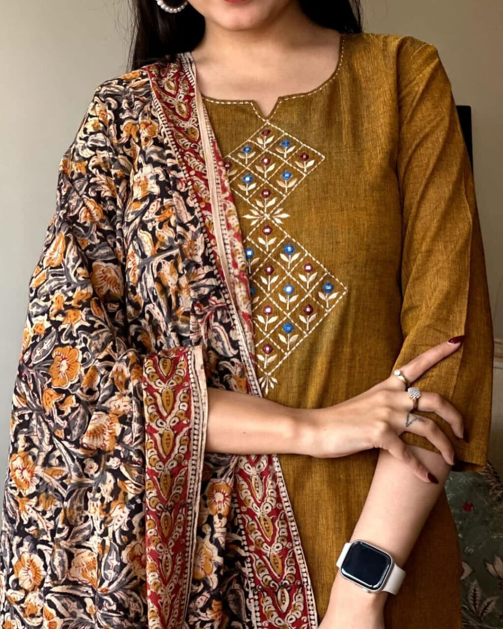 Ruddy Brown Embroidered Handloom Cotton Suit Set with Dupatta