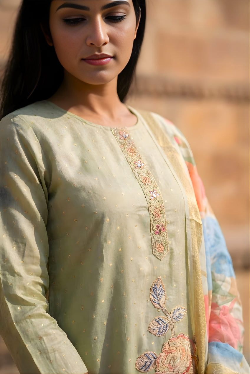 Green Smoke Embroidered Poly Jaquard Suit Set