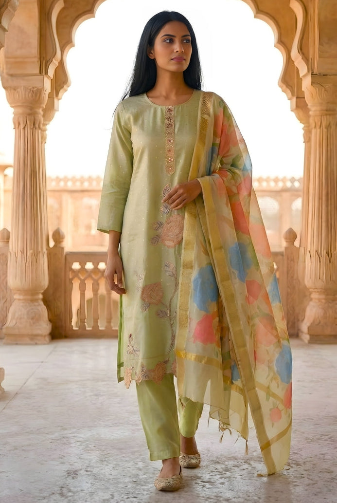 Green Smoke Embroidered Poly Jaquard Suit Set