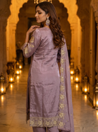 Purple Embroidered Roman Glass Silk Suit Set with Dupatta