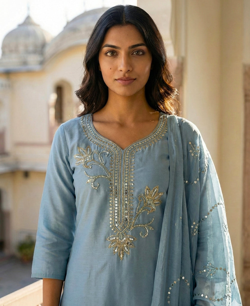 Cloudy Blue Embroidered Roman Silk Kurta and Pant Set with Dupatta