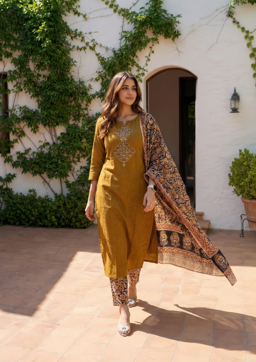 Ruddy Brown Embroidered Handloom Cotton Suit Set with Dupatta