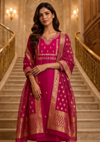 Pink Embroidered Roman Silk Suit Set with Banarasi Dupatta