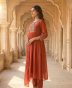 Dusty Red Embroidered Pure Mul Chanderi Suit Set with Dupatta