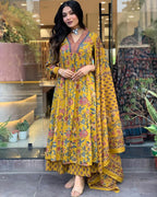 Floral Printed Cotton Kurta and Pant Set with Mulmul Dupatta