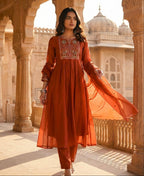 Dusty Red Embroidered Pure Mul Chanderi Suit Set with Dupatta