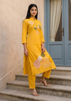 Yellow Embroidered Chanderi Silk Kurta and Pant Set