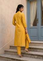 Yellow Embroidered Chanderi Silk Kurta and Pant Set