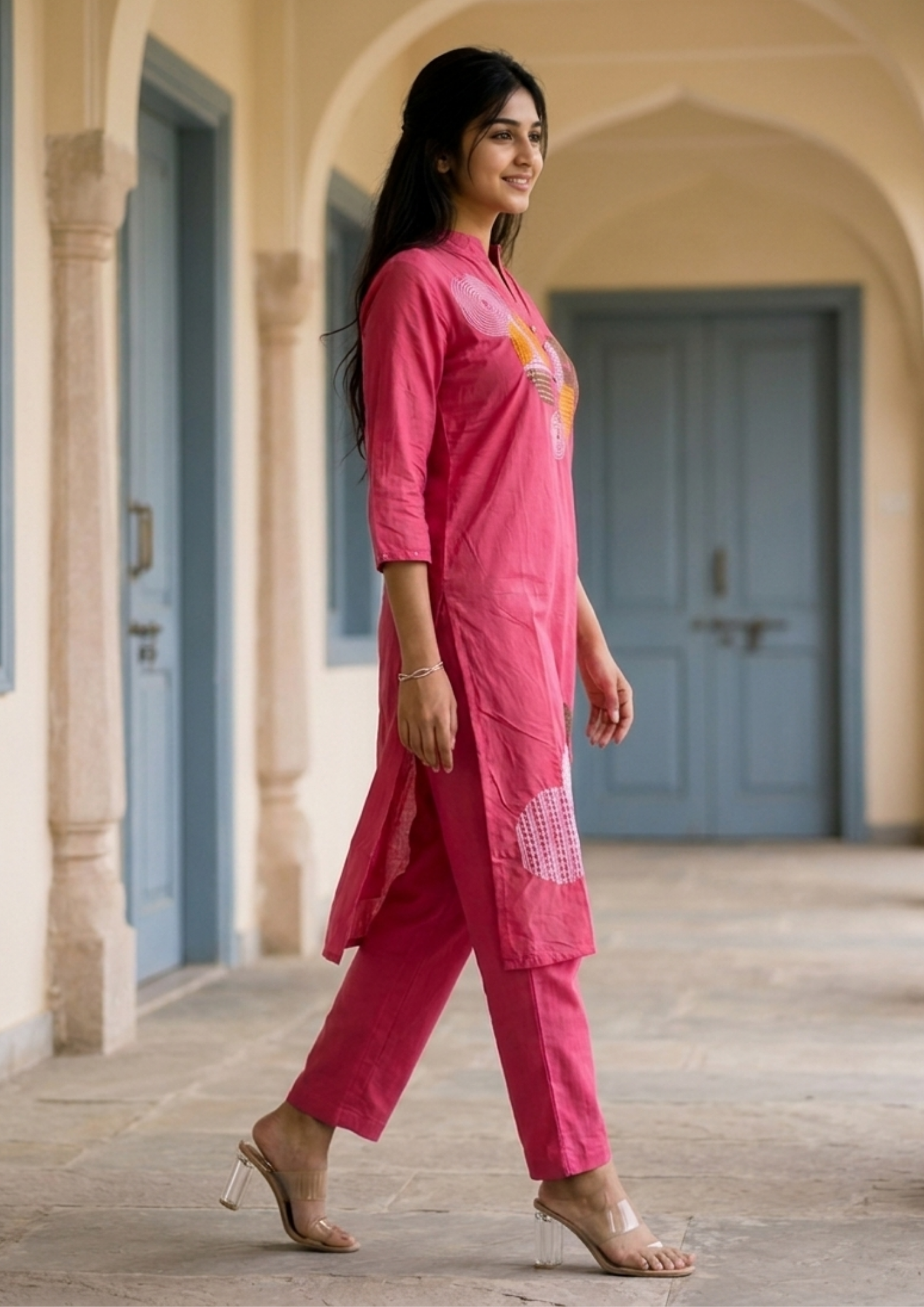 Peach Embroidered Chanderi Silk Kurta and Pant Set