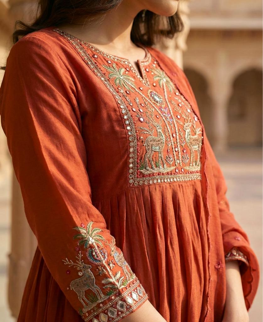 Dusty Red Embroidered Pure Mul Chanderi Suit Set