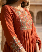 Dusty Red Embroidered Pure Mul Chanderi Suit Set with Dupatta