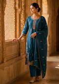 Navy Blue Embroidered Cotton Suit Set
